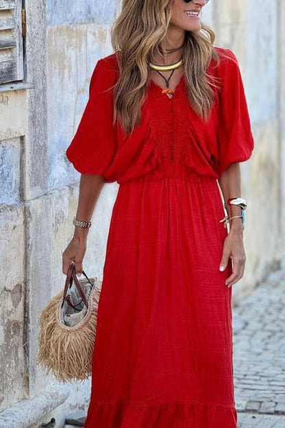 Suzette® | Loose maxi dress with V-neck and ruffles