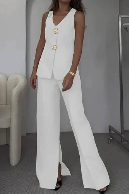 Zaida® | Solid color elegant sleeveless vest and suit pants two piece set