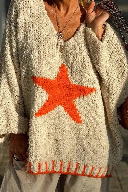 Signe® | Warm winter day texture knitted sweater with star pattern and contrast color