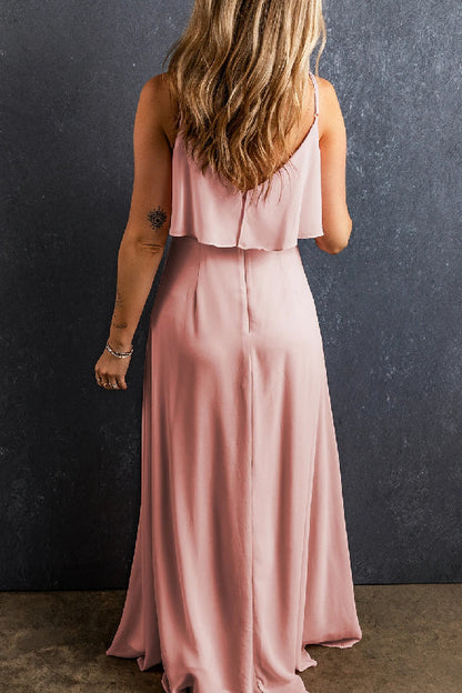 Virginia® | Light pink spaghetti strap, V-neck, ruffled, split long dress