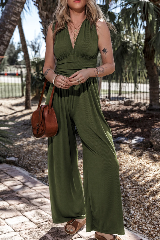 Zarina® | Moss green sleeveless ruffled wide leg V-neck jumpsuit