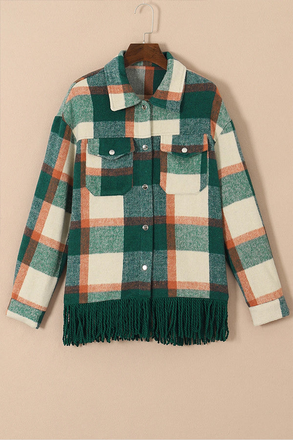 Nadia® | Checked shirt jacket with snap pocket and fringed hem