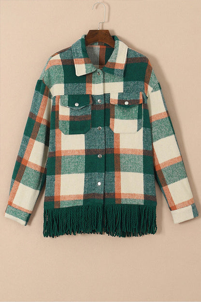 Nadia® | Checked shirt jacket with snap pocket and fringed hem