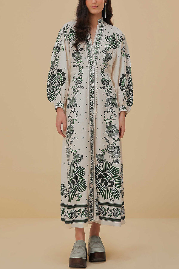 Vesta® | Unique printed long sleeve button down shirt maxi dress