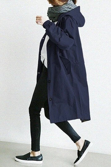 Amelia® | Long trench coat with hood and stand-up collar for women, available in large sizes