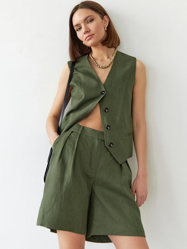 Tamara® | Green denim shirt and shorts set