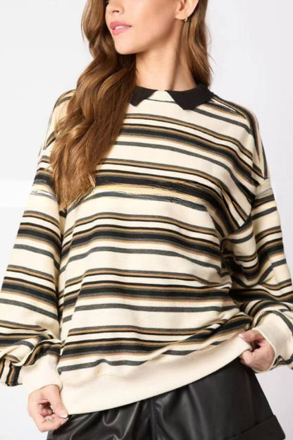 Sylvia® | Striped lapel long sleeve top, loose casual sweatshirt