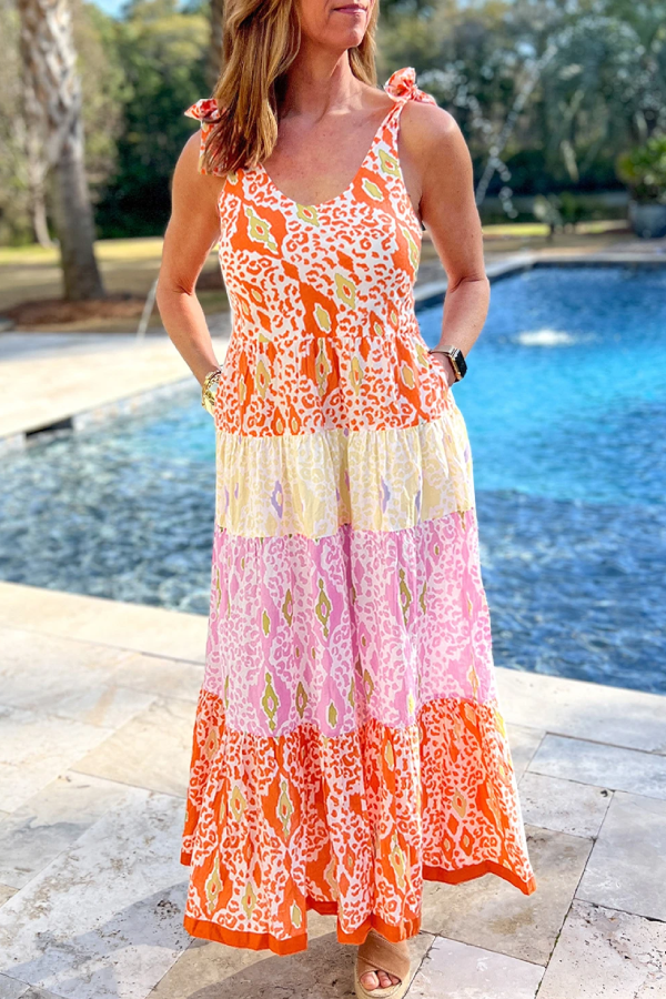 Zenda® | Orange leopard print tiered dress with knotted straps