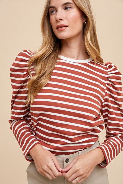 Nadia® | Striped French terry top with a crew neck and puff sleeves