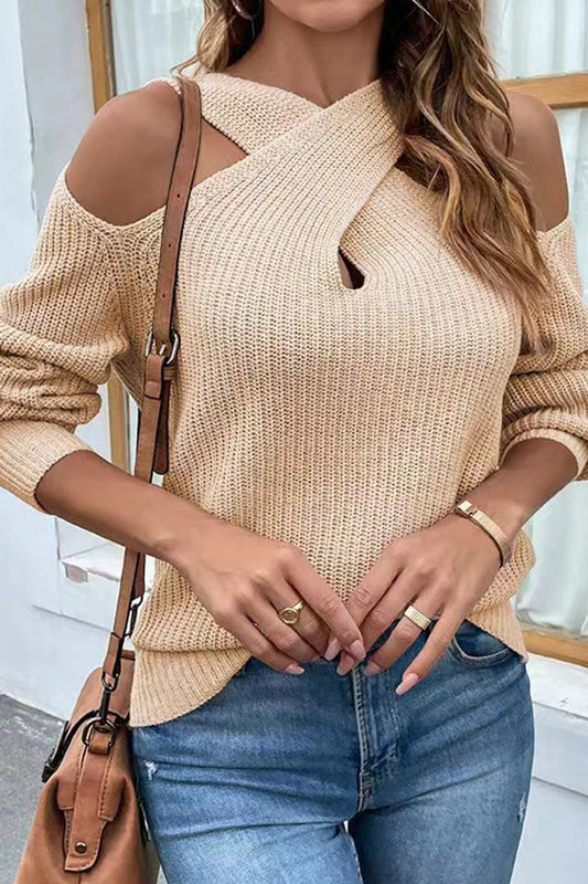 Wendy® | Solid color off-the-shoulder halterneck sweater with lantern sleeves