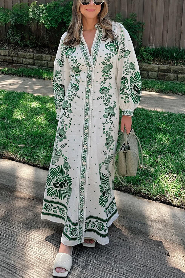 Vesta® | Unique printed long sleeve button down shirt maxi dress