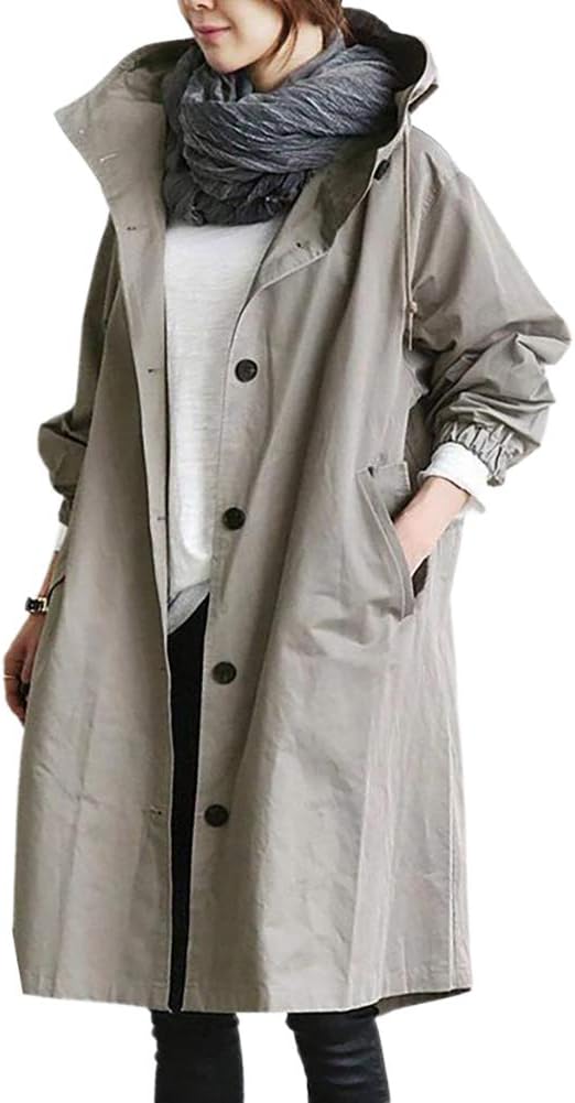 Amelia® | Long trench coat with hood and stand-up collar for women, available in large sizes