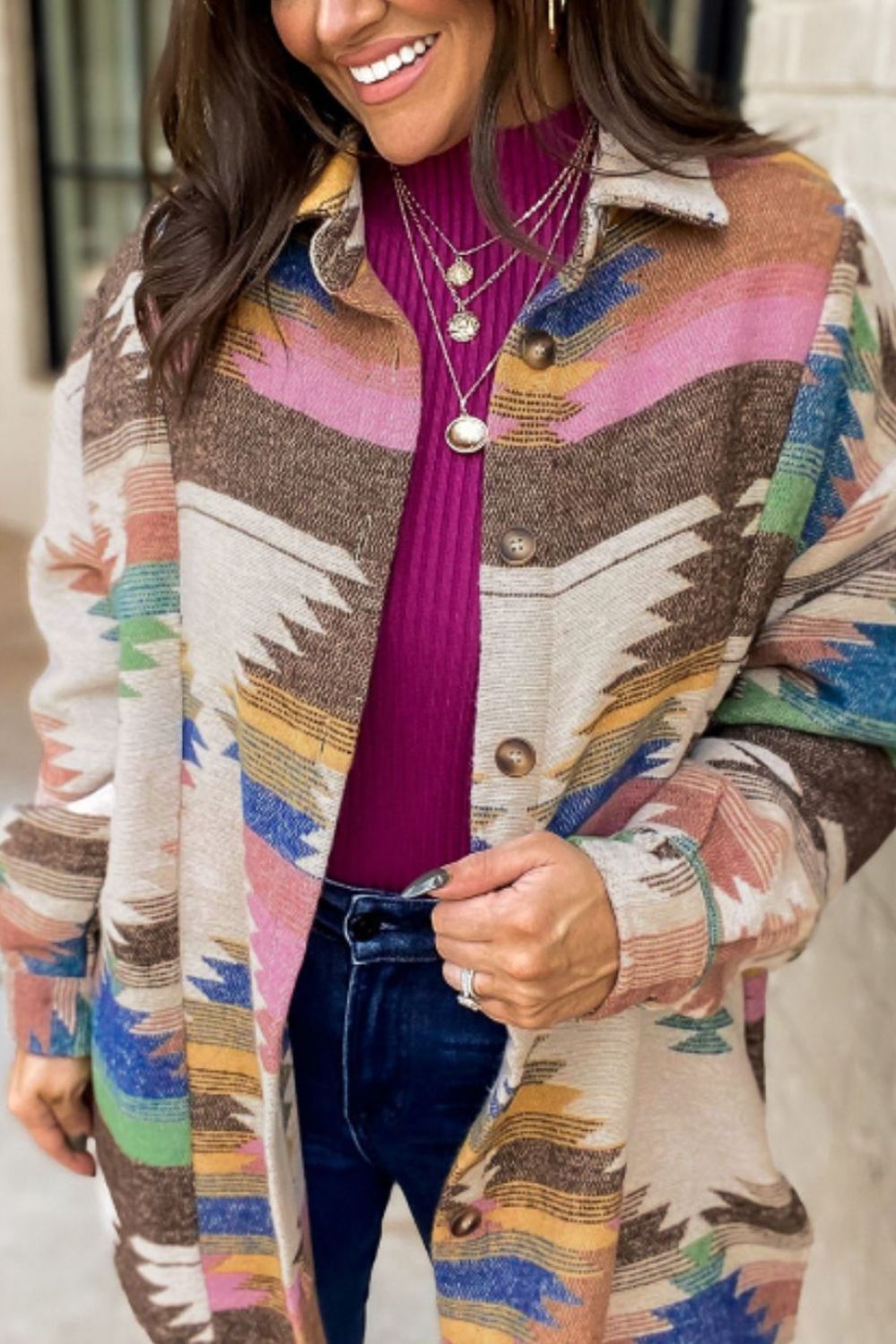 Violeta® | Geometric long sleeve button down jacket