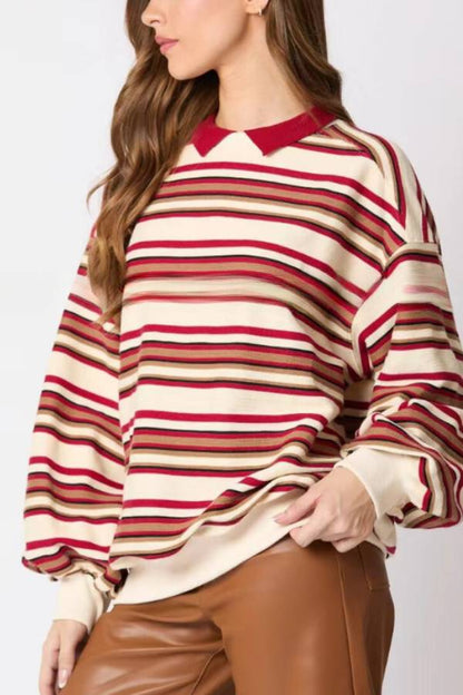 Sylvia® | Striped lapel long sleeve top, loose casual sweatshirt