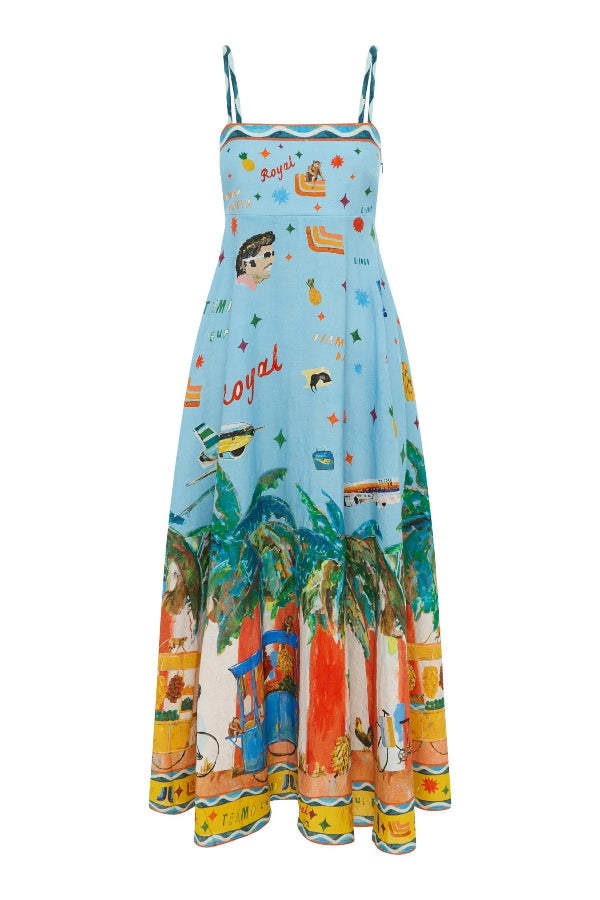 Verena® | Summer Energy linen blend unique print midi dress with smocked back and pockets