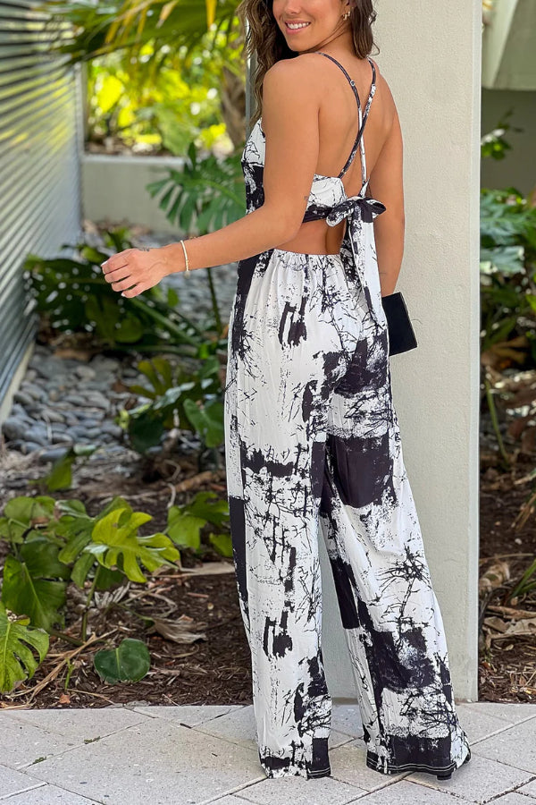 Natividad® | Black and white printed jumpsuit with a cross back