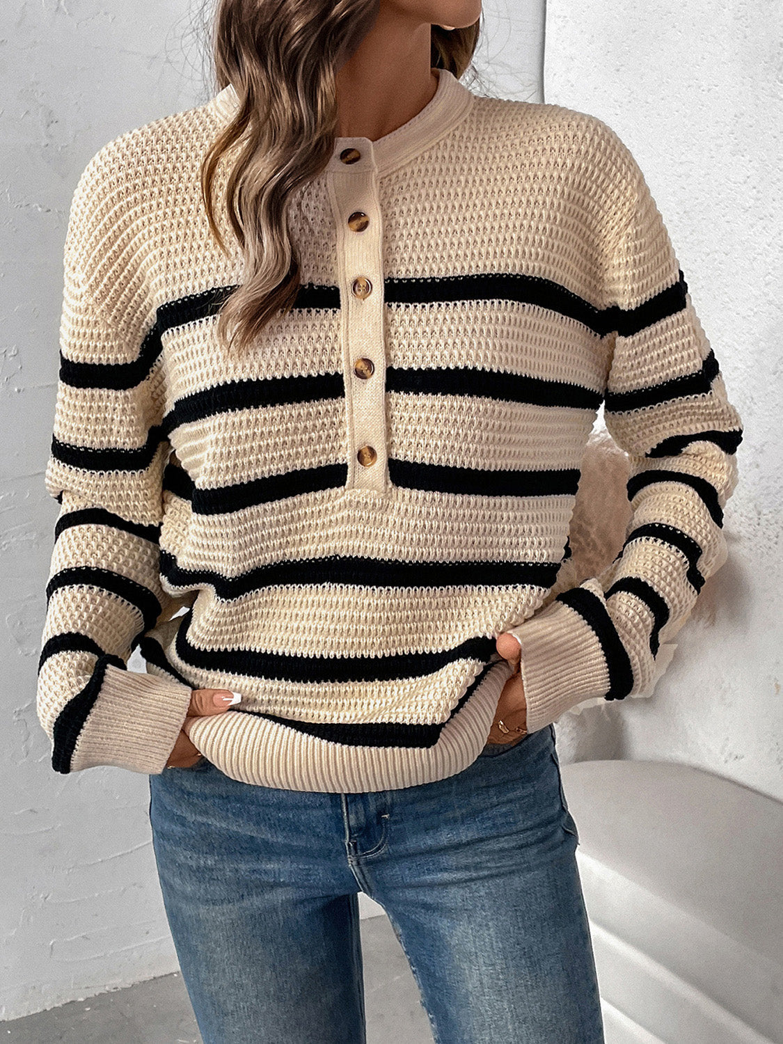 Verónica® | Perfee striped long sleeve sweater with half buttons