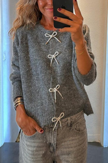 Vivian® | Long sleeve relaxed cardigan with knit front and bow from Paris Mornings