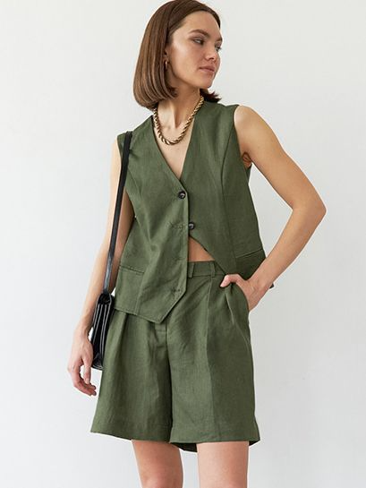 Tamara® | Green denim shirt and shorts set