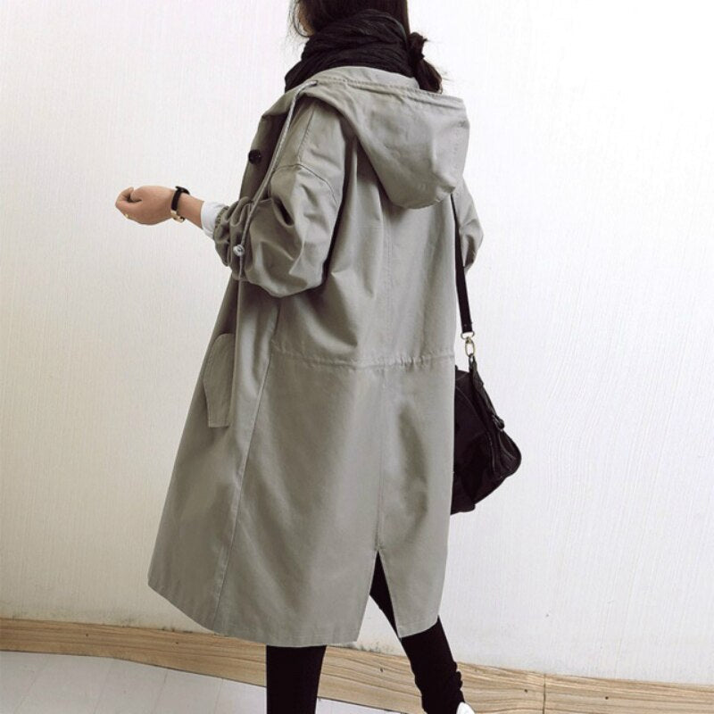 Amelia® | Long trench coat with hood and stand-up collar for women, available in large sizes