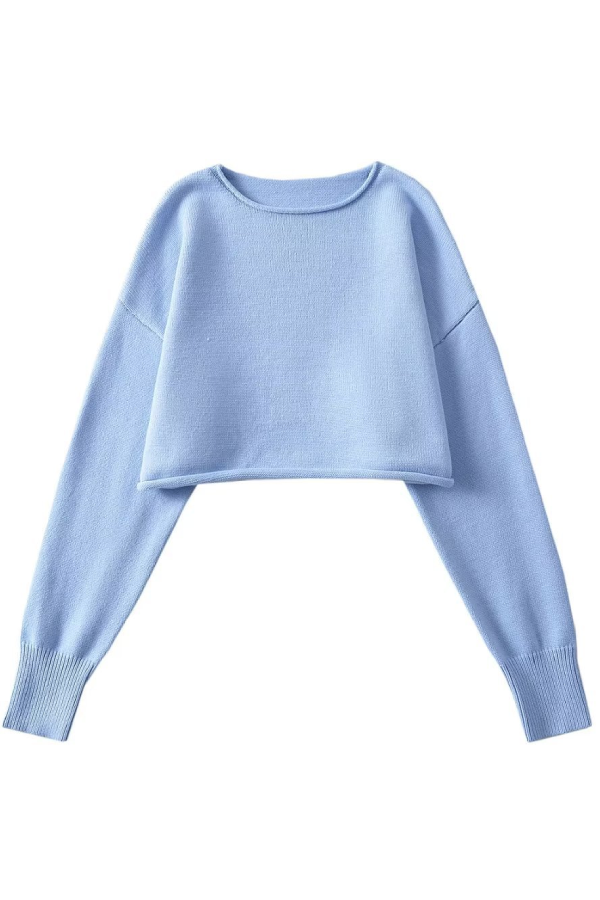 Xara® | Solid color loose casual long sleeve super short crew neck knitted sweater