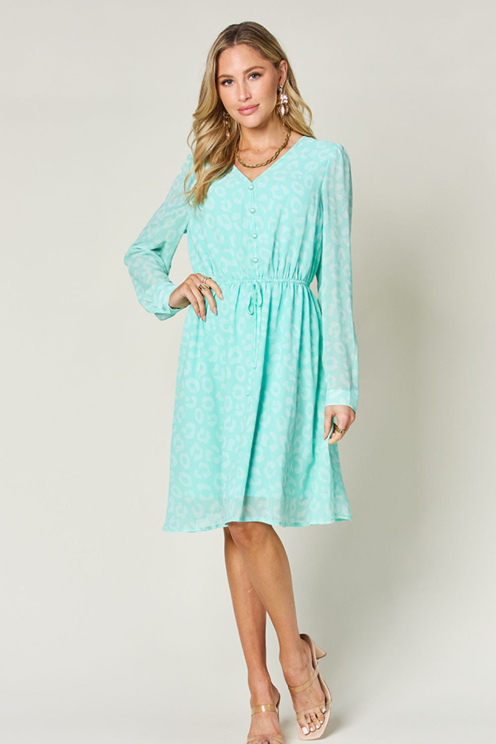 Silvana® | Double Take Printed Long Sleeve Ruched V Neck Full Size Dress