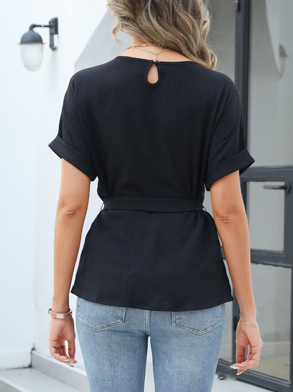 Tamar® | Short-sleeved blouse with a round neckline and tie-ups at the waist