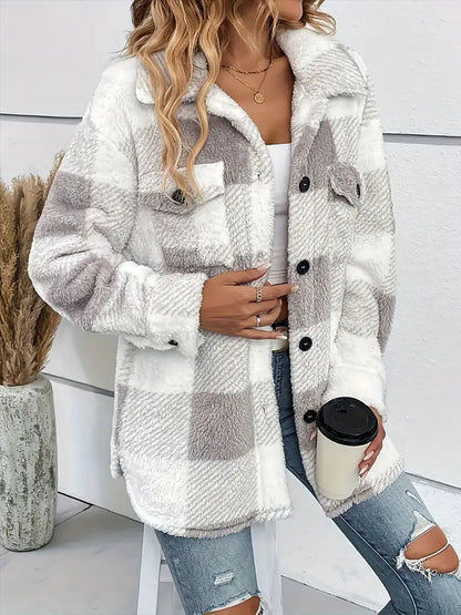 Nadia® | Checked plush coat with dropped shoulders and long sleeves