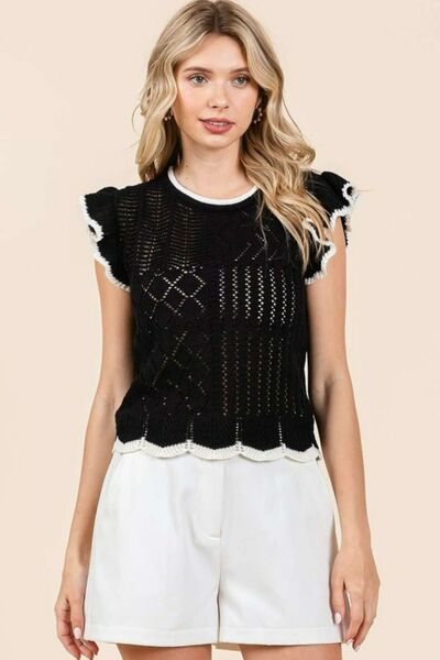 Ximena® | Openwork knit top with contrast trim, ruffles and cap sleeves