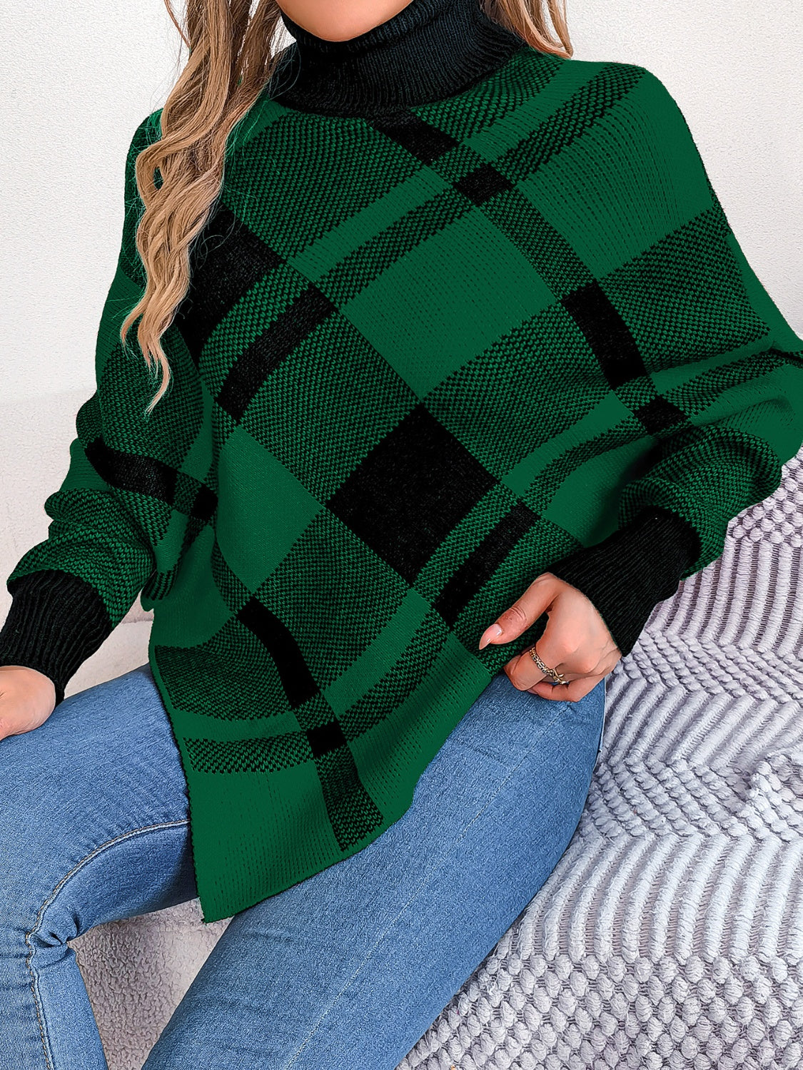 Tabea® | Checked turtleneck sweater with batwing sleeves