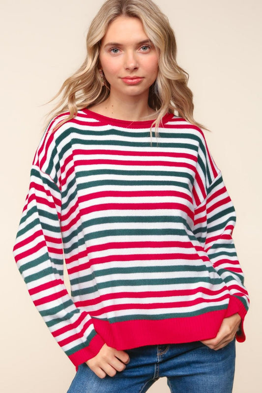 Wendy® | Full size Haptics knit top with stripes and contrast side slits