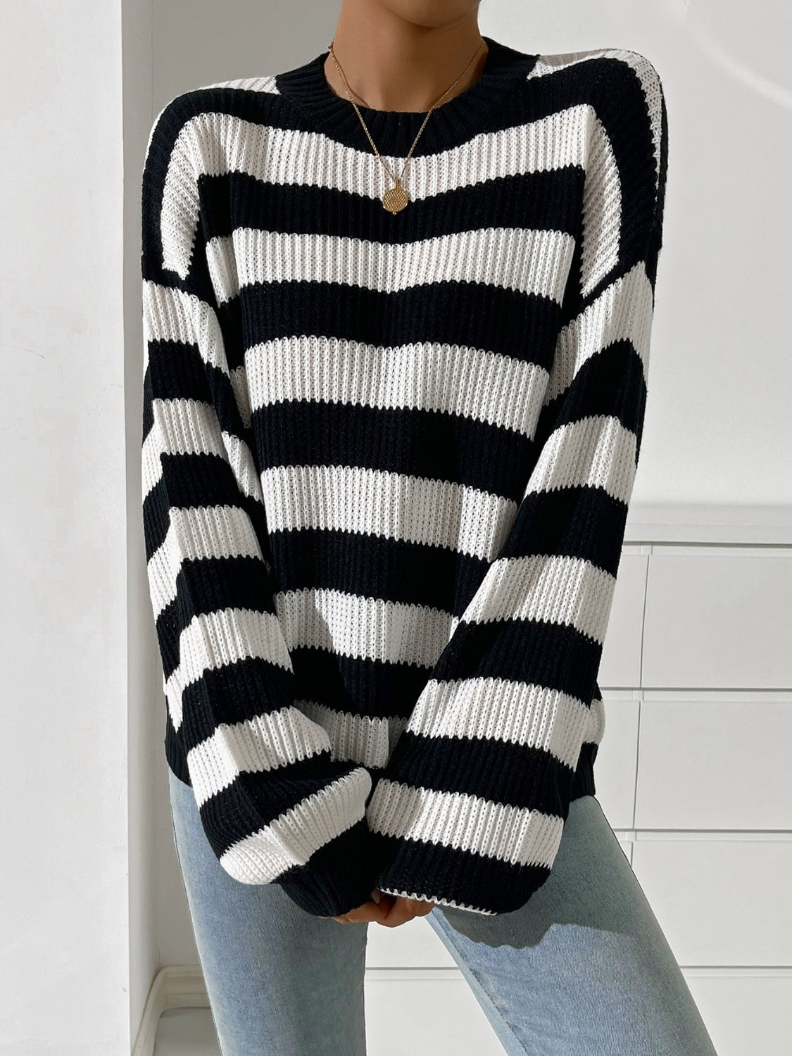 Nadia® | Honey colored striped long sleeve crew neck jumper