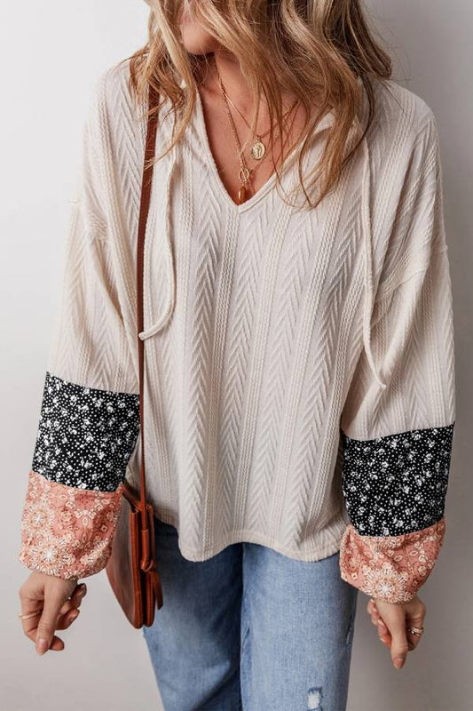 Summer® | Beige floral textured patchwork top with drawstring and V-neck