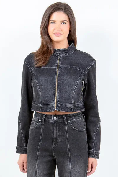 Zara® | Full size cropped rider denim jacket with oversized zip fastening