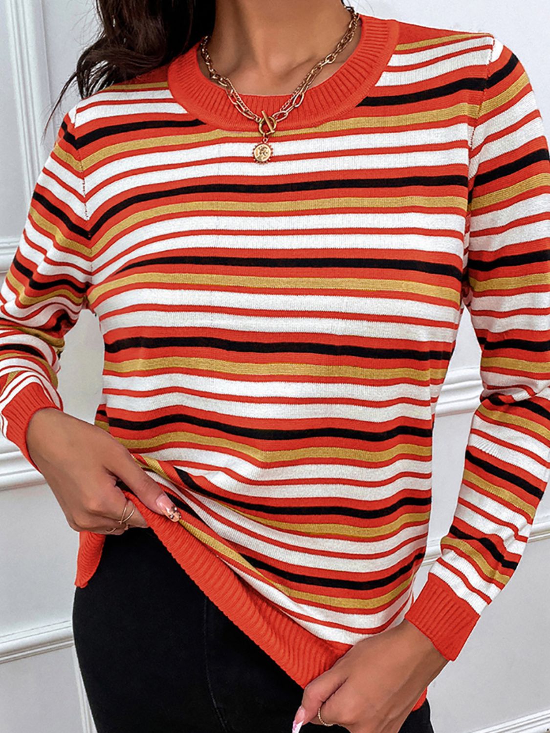 Nathalie® | Shiny striped long-sleeved sweater with a crew neck