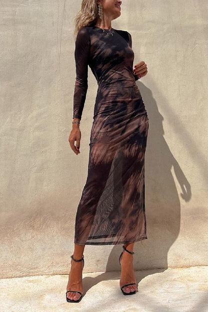 Taylor® | Charm Lady Mesh Overlay Tie Dye Print Long Sleeve Ruched Stretch Midi Dress