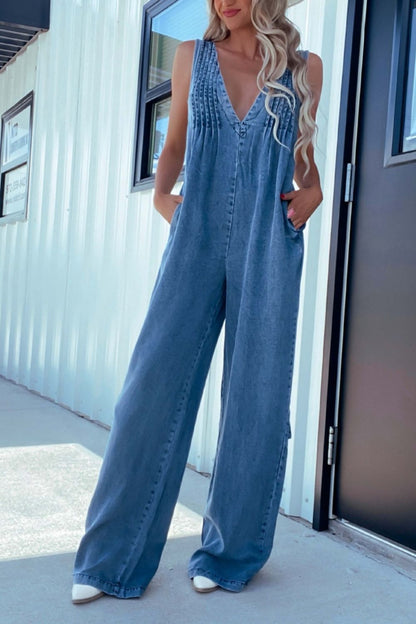 Susana® | Wide leg denim V-neck jumpsuit