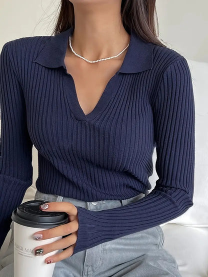 Alicia® | Stylish Solid Color Sweater With Ribbed Collar