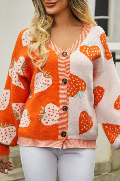 Paz® | Orange color block cardigan with strawberry print and V-neck