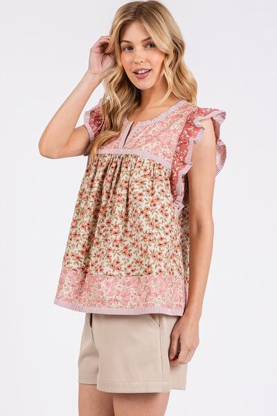 Yolanda® | Floral notched ruffled cap sleeve blouse