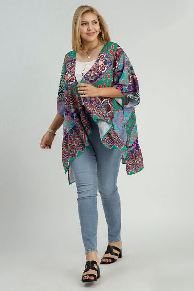 Xanthe® | Full size, mixed print, ruffle hem, open front, plus size