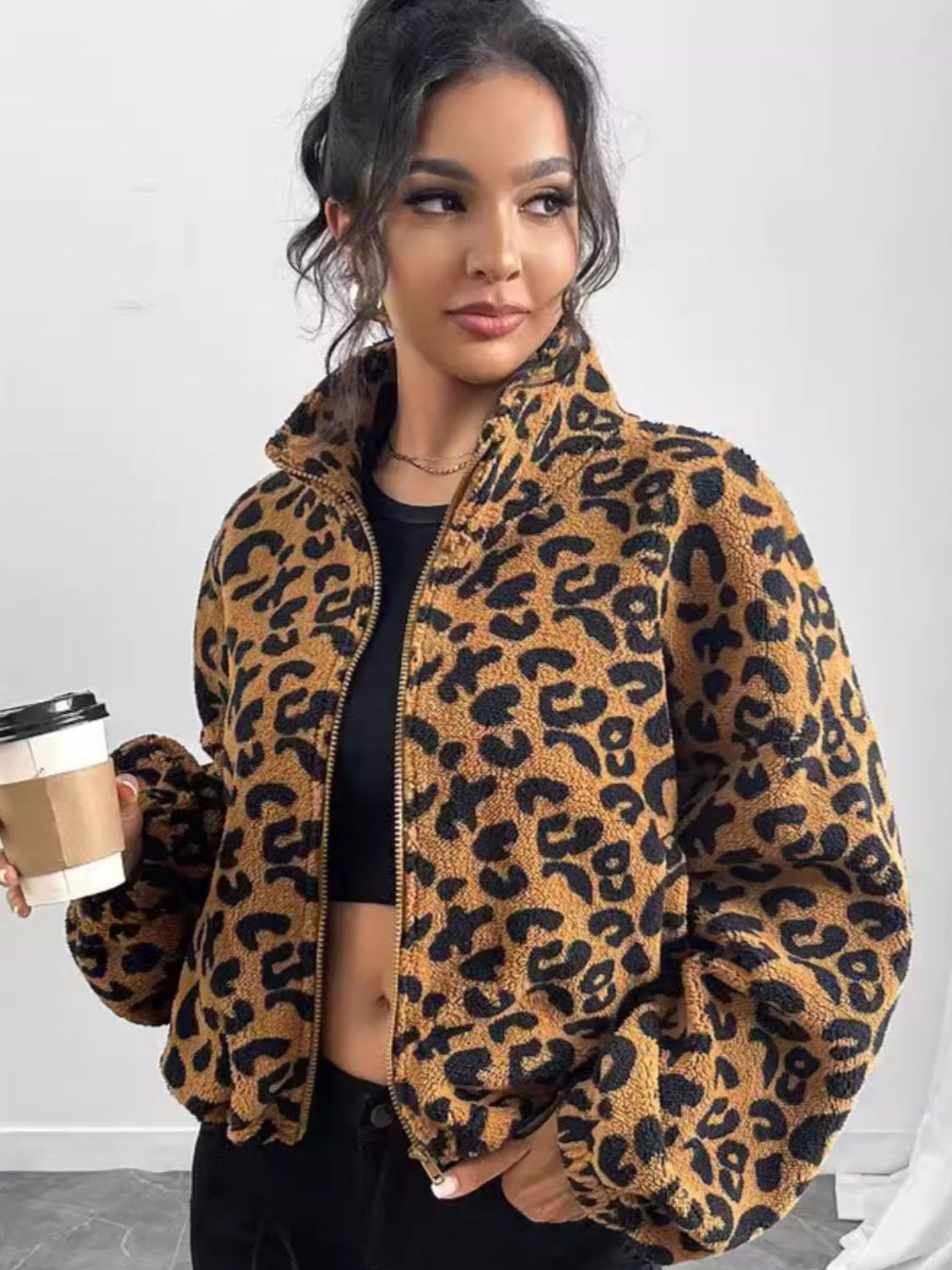 Waleska® | Leopard print long sleeve jacket with zip fastening