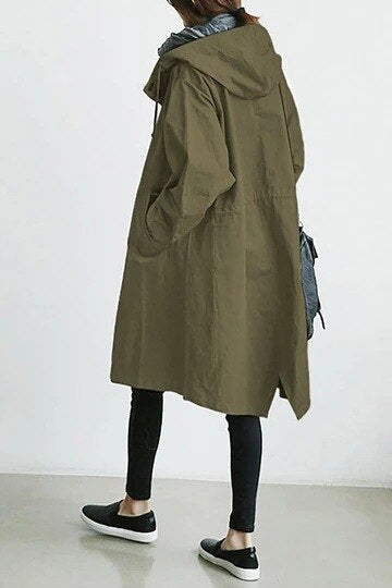 Amelia® | Long trench coat with hood and stand-up collar for women, available in large sizes