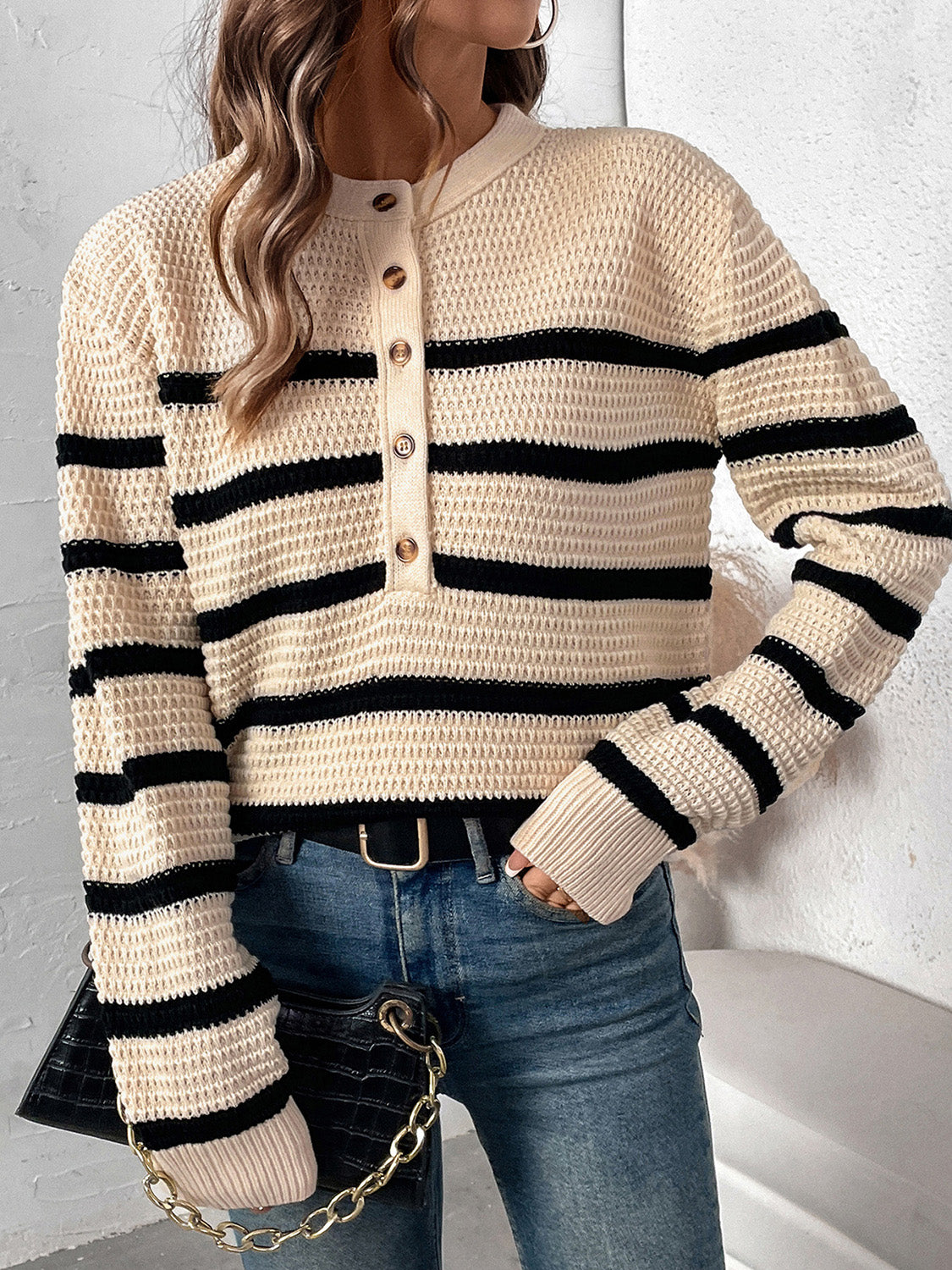 Verónica® | Perfee striped long sleeve sweater with half buttons