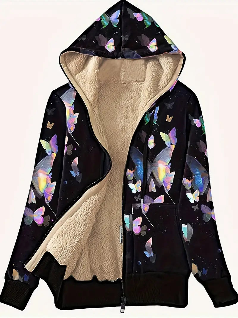 Yasmina® | Zip-up sweatshirt with faux fur lining in a butterfly wing print