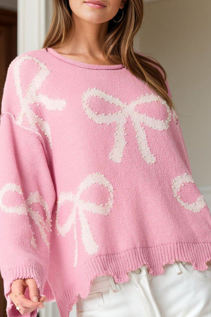 Yessica® | Long-sleeved crew neck sweater with pearl detail and bow