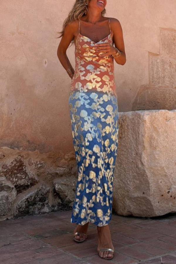 Xochitl® | Tie Dye Ombre Gold Floral Print Sexy Strap Maxi Dress