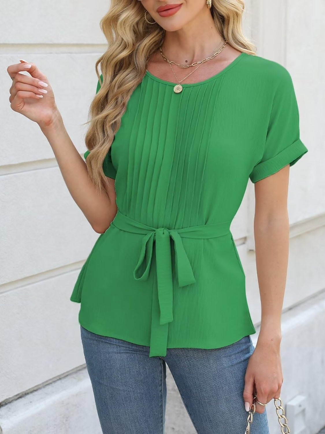 Tamar® | Short-sleeved blouse with a round neckline and tie-ups at the waist