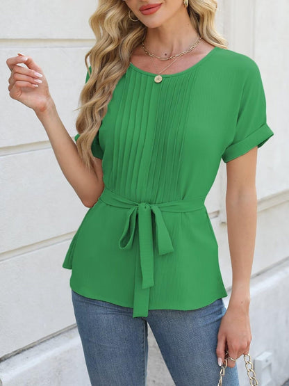 Tamar® | Short-sleeved blouse with a round neckline and tie-ups at the waist