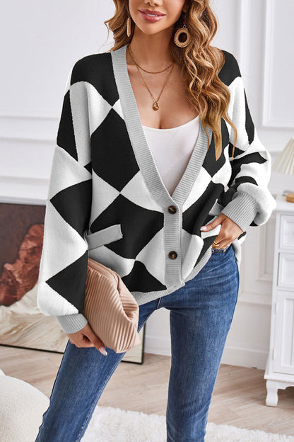 Verónica® | Casual loose V-neck geometric patchwork contrast cardigan